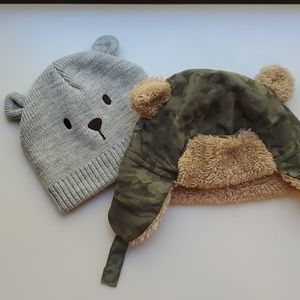 Warm winter hat baby gray Beanie and camo chin strap fleece bear hats mittens